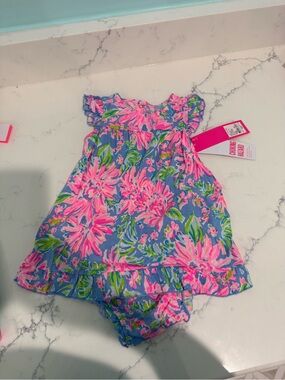Lilly Pulitzer Blue Pink Green Floral Baby Dress Set
